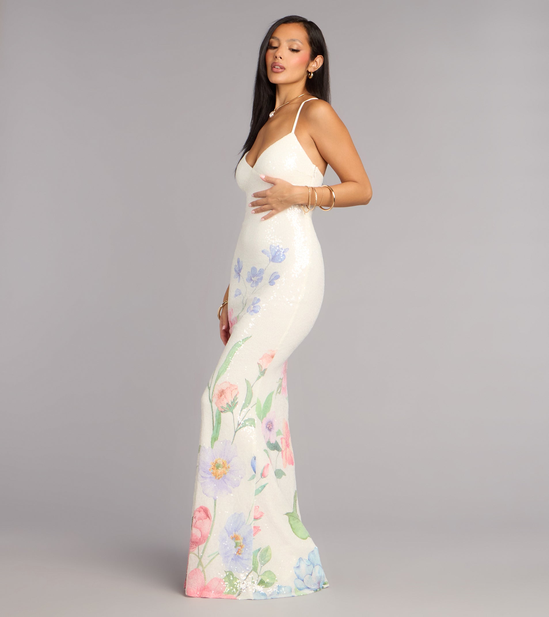 Melany Floral Sequin Lace-Up Formal Dress