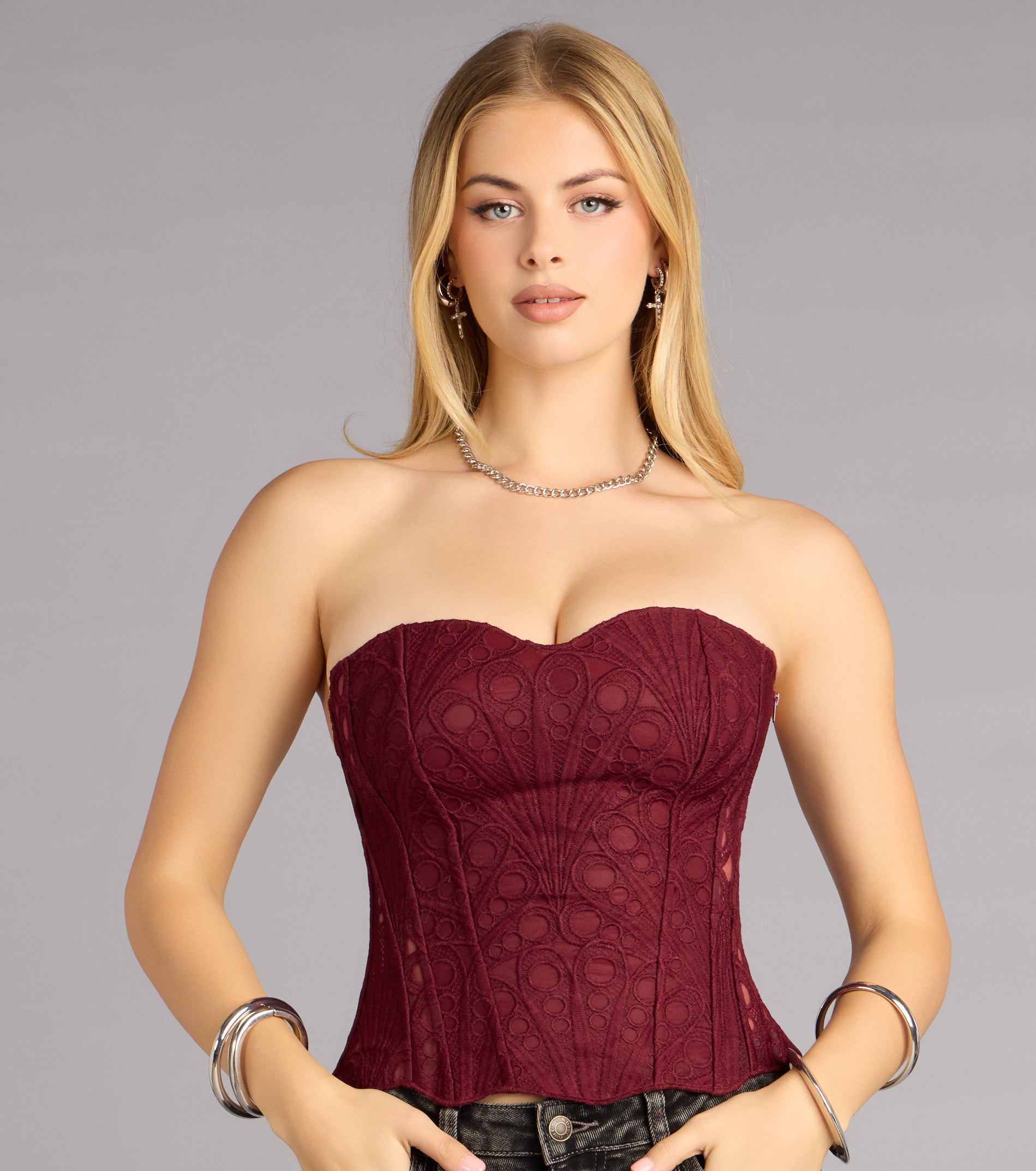 Starlet Nights Floral Lace Strapless Corset Top